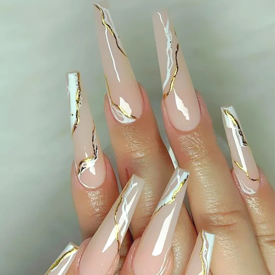 24pcs/box Fake Nails Press on Long Reusable Set Marble Gold Lines Artificial Kawaii False Tipsy Stick-on Nails Tips Art KEW052