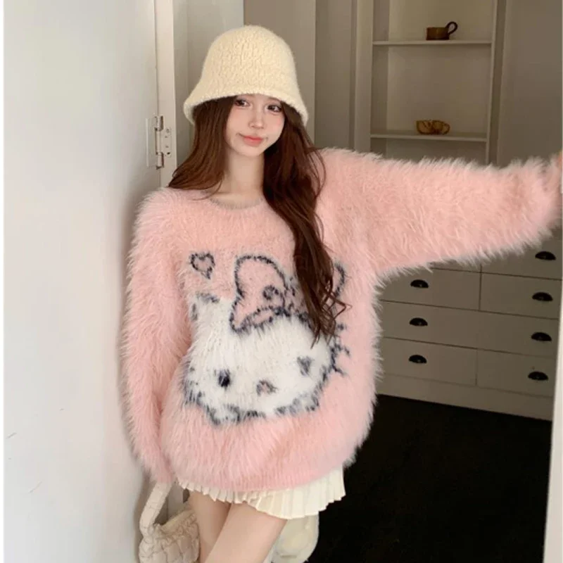 Sanrio Hello Kitty Sweater Fashion Y2k Women Oversized Knitwear Winter Harajuku Pullover Female O-neck Long Sleeve Top Gifts