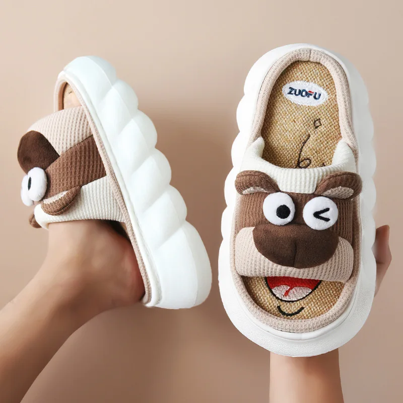 Breathable Linen Slippers Women Cute Squirrel Home Platform Shoes Comfort Cartoon Couples Indoor Slipper Ladies Fashion Slides