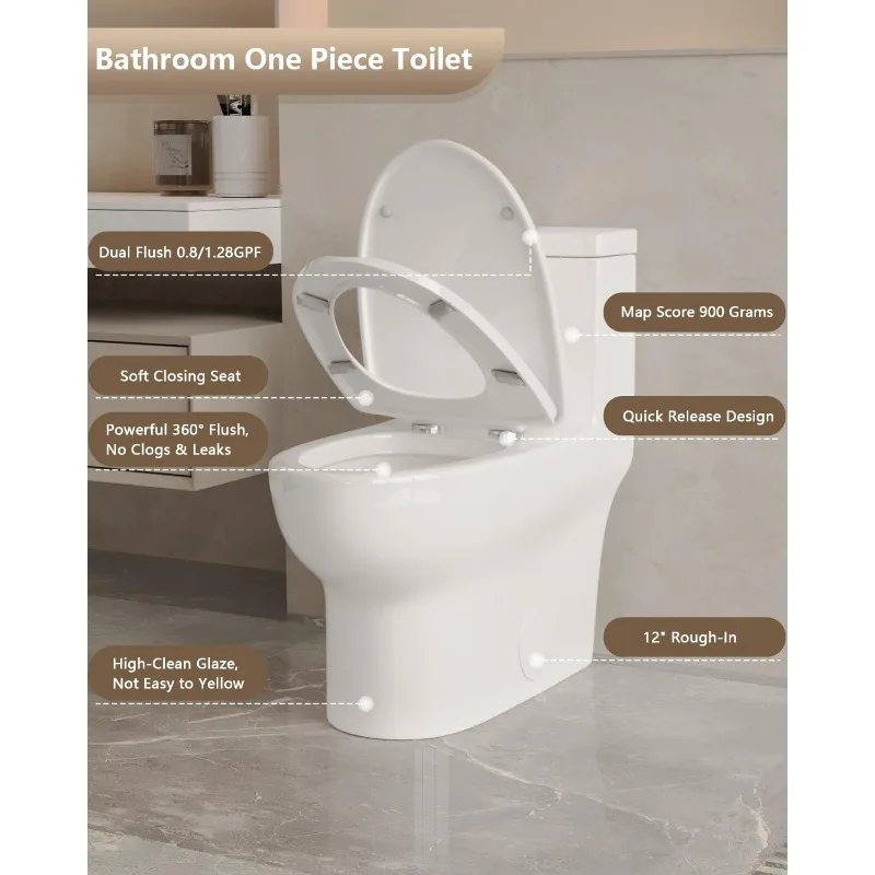 Elongated One Piece Toilet, Dual Flush 0.8/1.28 GPF Toilet with Comfortable Seat Height, Powerful &Quiet Modern Standard Toilet