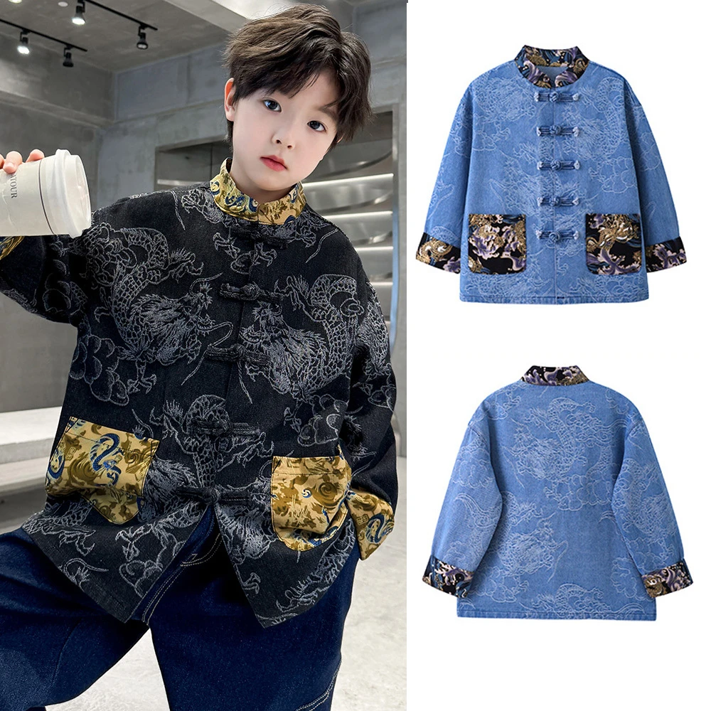 Jungen Chinesisches Tanganzug-Kostüm Kinder Hanfu Mantel Traditioneller Neuer Chinesischer Stil Jeansjacke Knopfleiste Langes Hemd Kung-Fu-Mantel