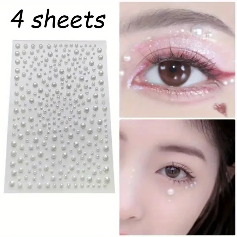 4 Blatt Strass-Aufkleber, Kunstperlen, selbstklebende Gesichtsjuwelen, Stick, Make-up, Gesichtshaar, Körperdekoration, Strass-Charms