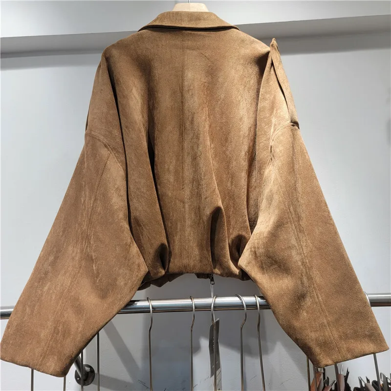 WTHT Fashion Women's Leather Zipper Pockets Casual Coats Trendy Turn Down Collar Long Sleeves Jackets Female 2025 Autumn 1LS2366