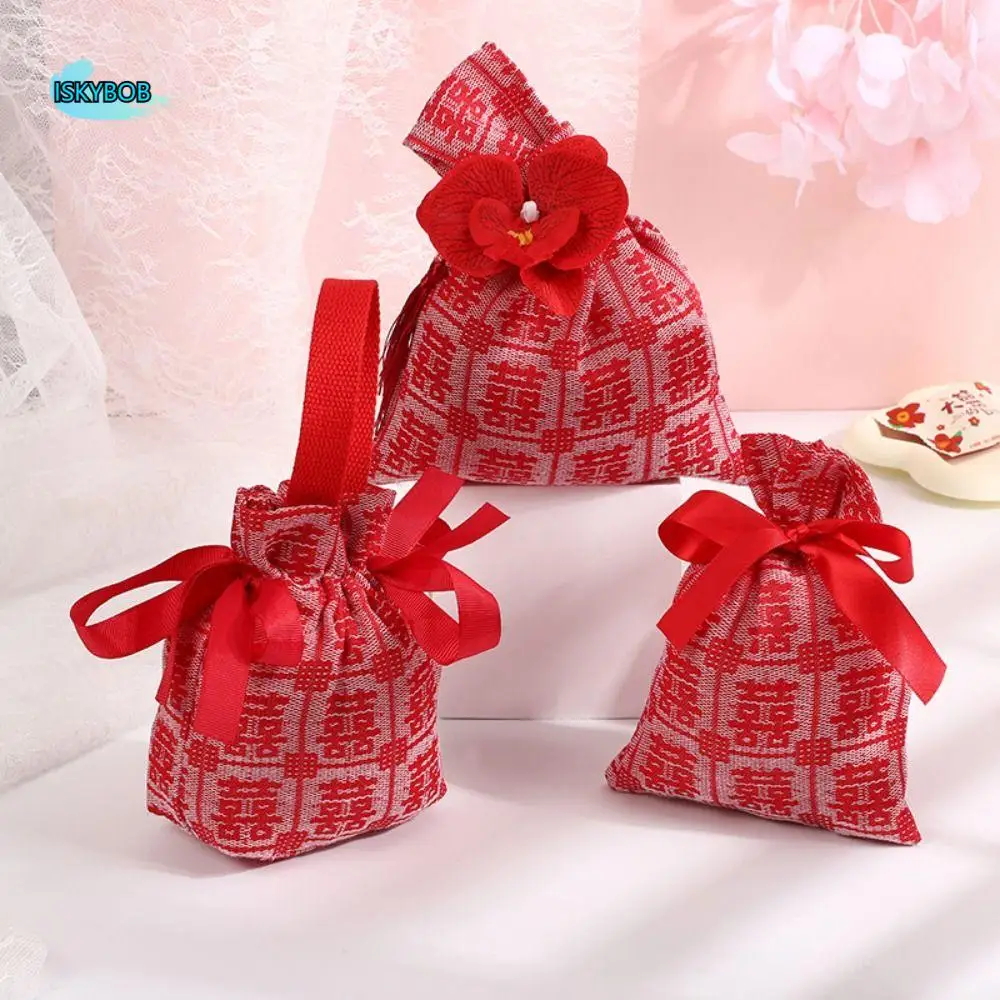 

Pearl Handle Wedding Drawstring Bag Satin Bow Festive Sugar Bag Flower Tassel Knot Wrist Bag Letter Large Capacity