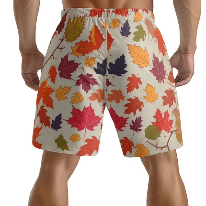 Maple Leaves Print Men's Polyester Drawstring Waist Shorts Quick Dry Breathable Beach Shorts Casual Sport Shorts