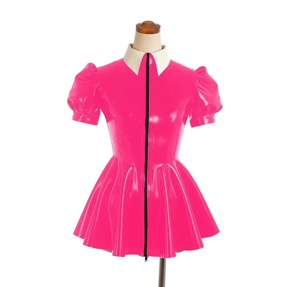 Women's PVC Shiny A-line Mini Dress,Wet Look,Turn-down Collar,Puff Short Sleeve,Ruffle Pleated Dresses,Pole Dancing Clubwear