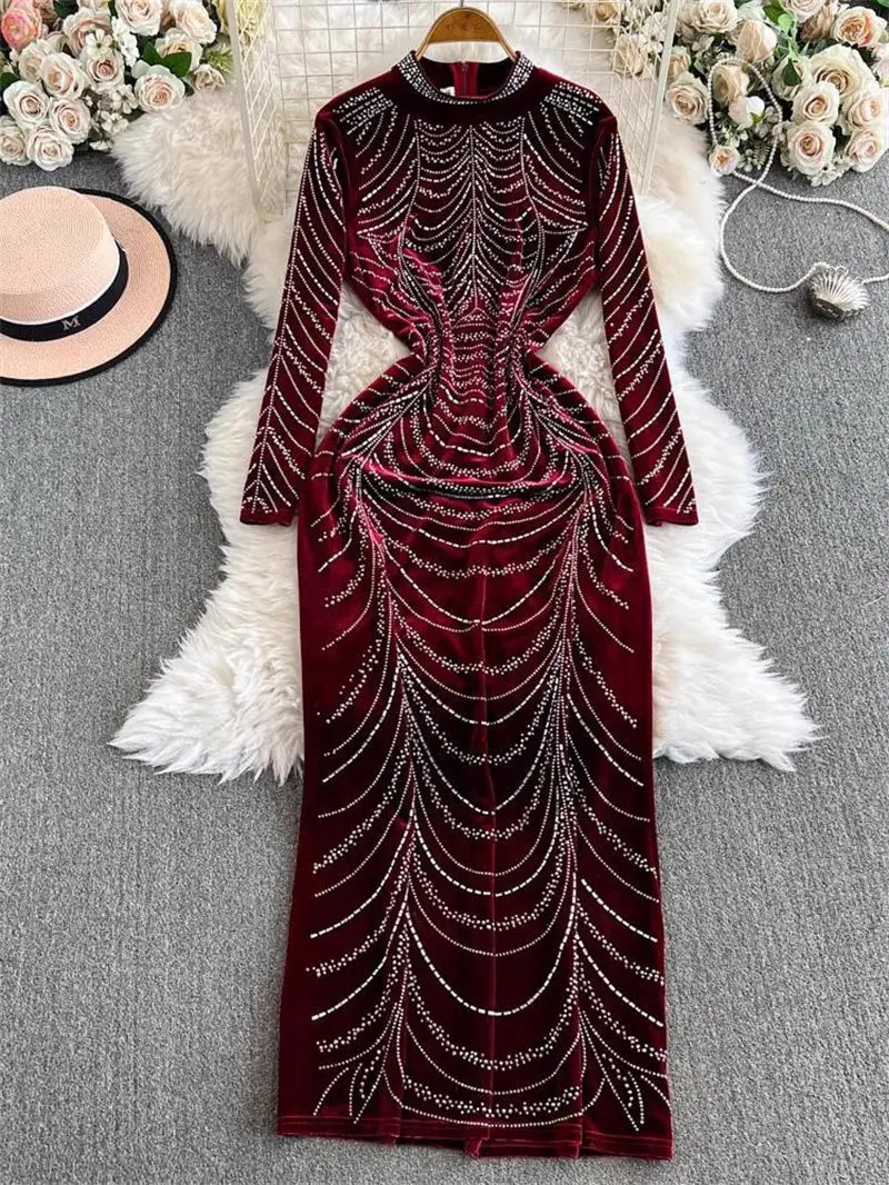 High End Elegant Dress For Women In Winter Sexy Fashion Velvet Hot Diamond Slim Fit Long Evening Dress Party Vestidos A272