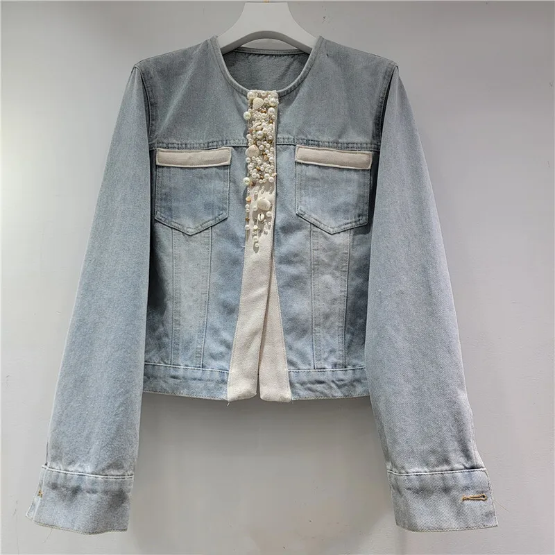Women O Neck Long Sleeve Luxury Temperament  New Denim Cardigans Spring Elegant Spliced Pearls Short Denim jacket