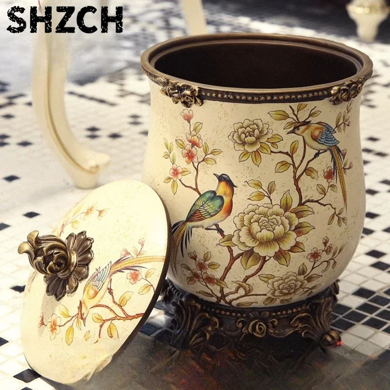 European Vintage Resin Trash Can with Lid Decorative Living Room Bin Household Waste Basket Storage Container for Home Decor