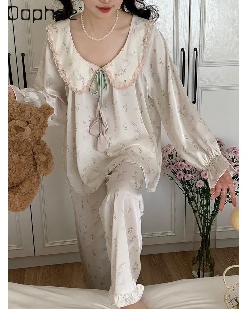 Sweet Cartoon Print Pajamas with V-neck Lace Trimmed Collar Baby Doll Style Long Sleeves Long Pants Loose-fitting Women Homewear