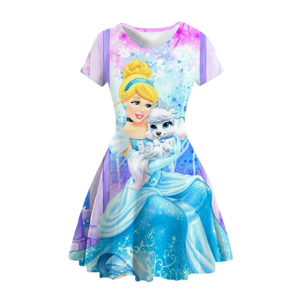 فستان كاجوال لرحلة ديزني لاند لعام 2026 للفتيات الصغيرات فستان الأميرة الناعم للأطفال إلسا مطبوع ملكة الثلج ملابس صيفية على شكل حرف A