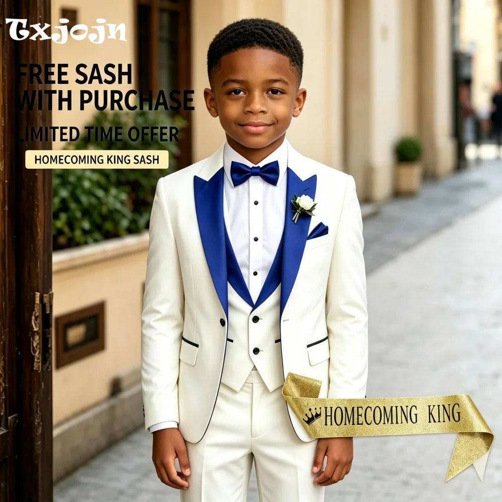 Homecoming Formal Suit for Boys Wedding Tuxedo 3 Piece Color Block Jacket Pants Vest Kids Blazer Set Slim Fit Tailored Outfit