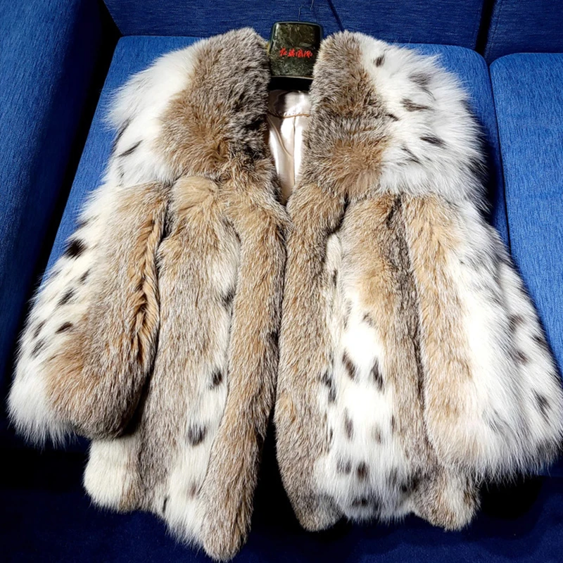 Ftangaiur Winter Men Import Top Lynx Fur Coat Loose Soft Lynx Jackets Men's Turn-Down Collar Causal Real Natural Fur Coats