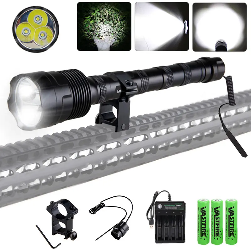 Powerful LED Tactical Hunting Flashlight 500 Yard 3XLED USB Rechargeable Torch Lamp Professional Shooting Night Scout Lights Set