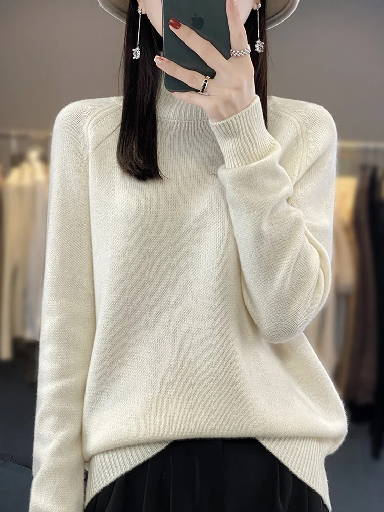 Autumn Merino Wool Sweater Mockneck Cashmere Pullover Knitwear Women  Fashion Basic Slim Long Sleeve Spring Clothing Tops