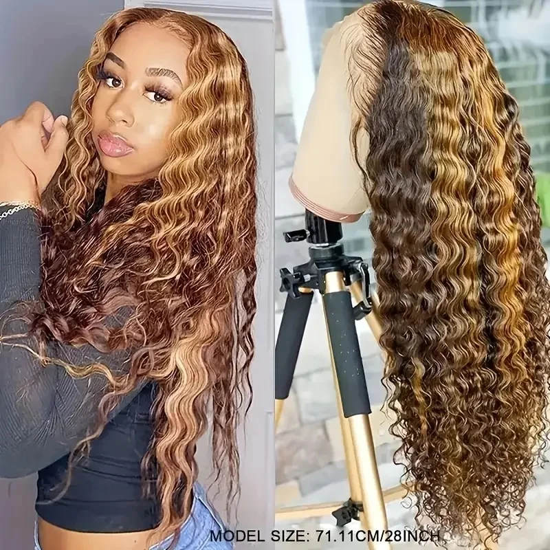 

Glueless Deep Wave 5×5 Highlight Lace Front Wigs Human Hair Ready to Wear Transparent 220Density HoneyBlond Lace Frontal Wig4/27