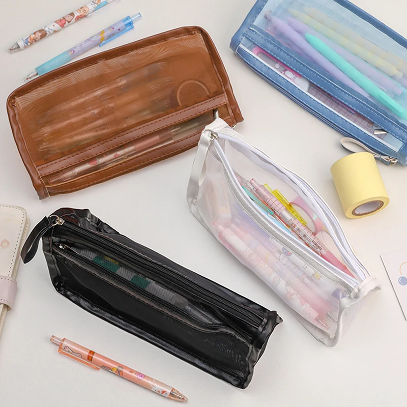 1pcs Transparent Stationery Pencil Bag Student Examination Dedicated Nylon Mesh Pen Case Large Capacity Pouch School Supplies