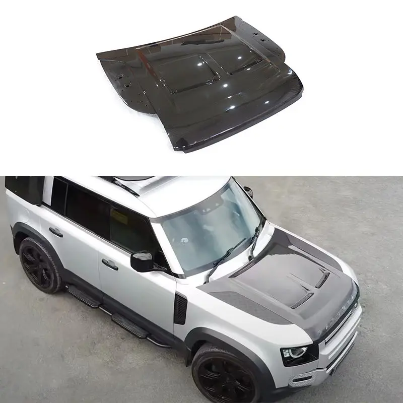 

Капот из углеродного волокна для Land Rover Defender, влажный материал из углеродного волокна, модифицированный в стиле SVR, для классических автозапчастей