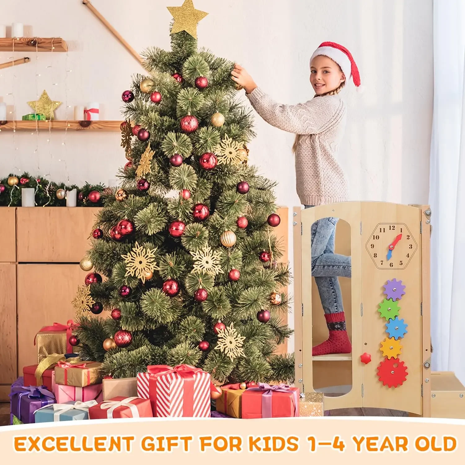 Foldable Toddler Kitchen Stool Helper with 2 Step Stool, Wooden Toddler Stool with Safety Net, Adjustable Height