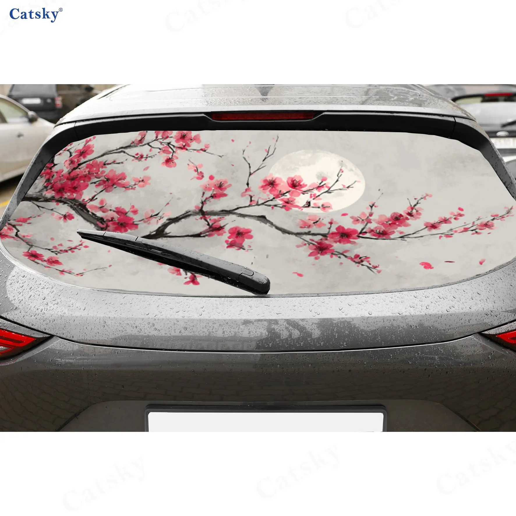 Plum Blossom Under Moon PVC Perforated Car Vinyl Wraps, Durable Car Rear Windshield Sticker, Waterproof Car Rear Window Decal