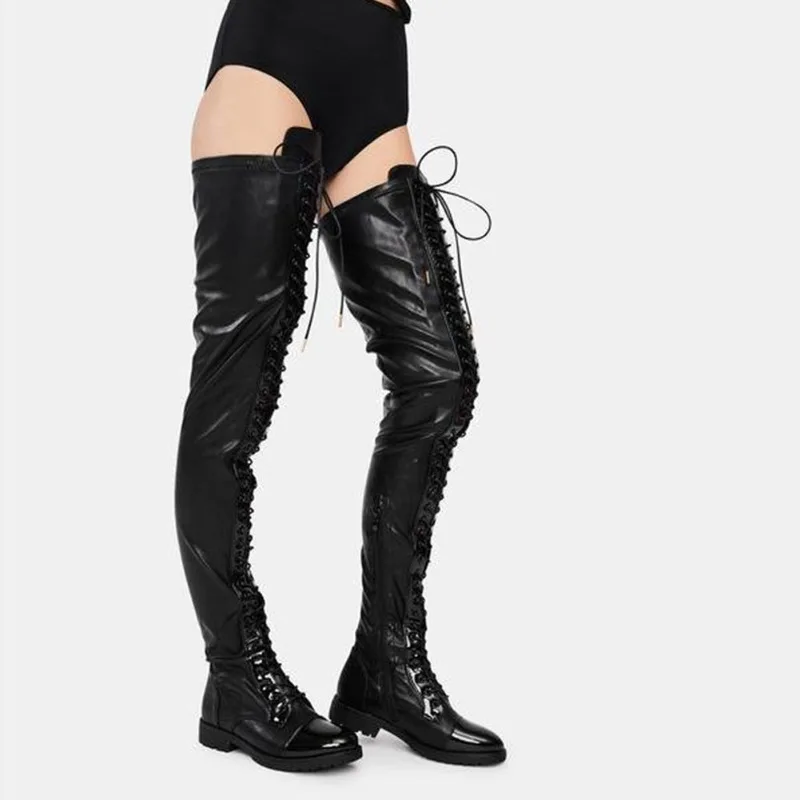 

Woman Over The Knee Boots Black Cross Tied Side Zip 3.5cm Square Heel Shoes Round Toe Women's Leather Boots Large Size Long Boot