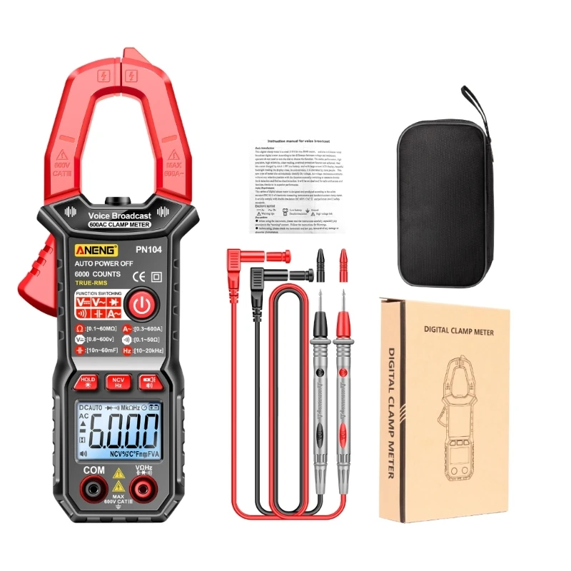 

dwan Digital Clamp Meter 6000 Counts Voice Broadcast Multimeter Hz NCV- Meter Duty-Cycle Detector Backlit Data Hold Auto-off