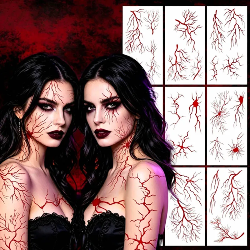 10Pcs/set Horror Red Blood Vessel Temporary Tattoo Stickers Halloween Face Body Decor Fake Tattoo for Vampire Witch Cosplay Gift