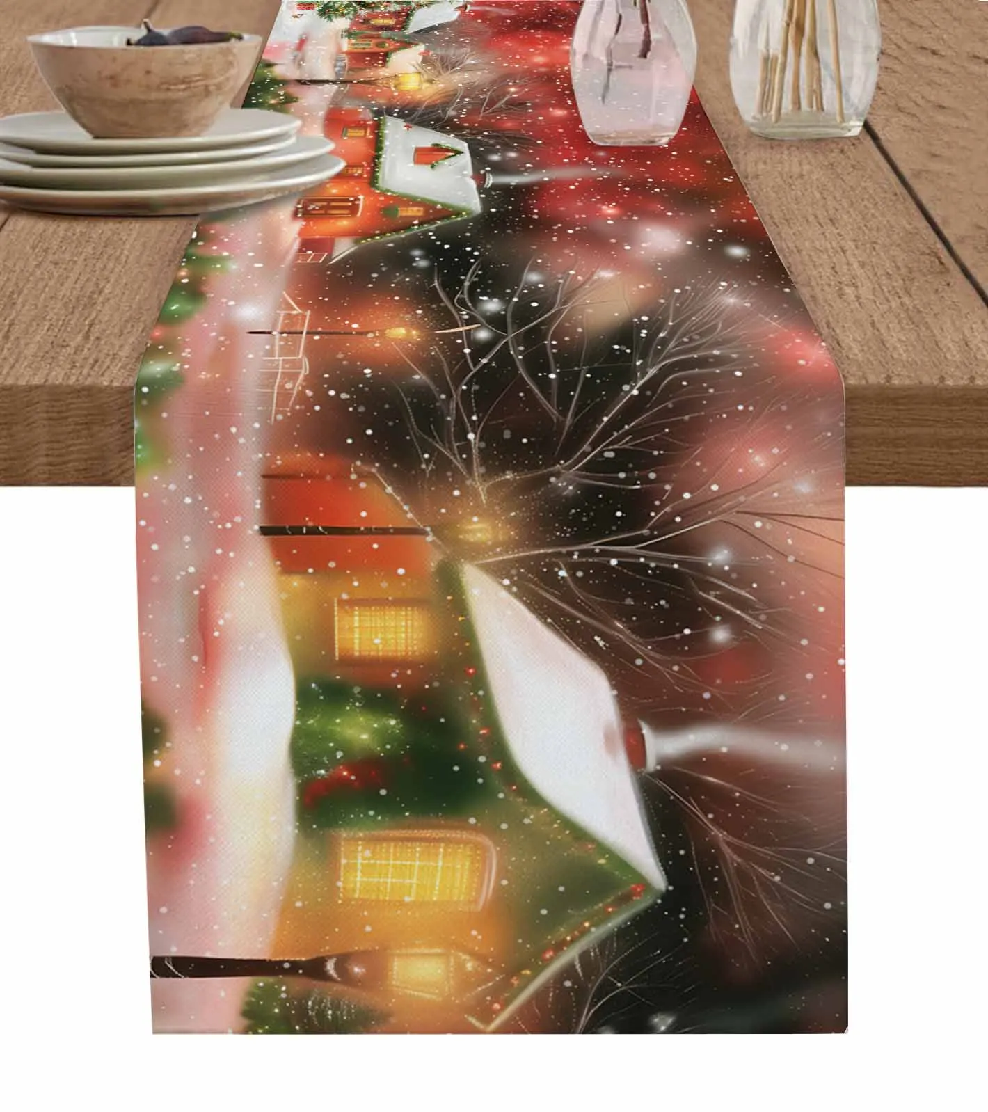 Christmas Tree Snow Cabin Street Lights Table Runner Wedding Decor Table Runner Holiday Dining Table Decor Linen Tablecloth