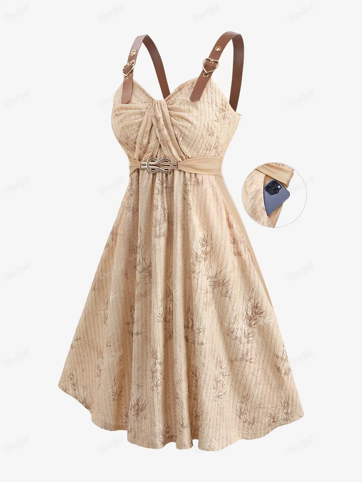 Sukienki dla kobiet plus size z nadrukiem liści klonu, marszczeniami, klamrą, oczkami w kształcie serca, kieszeniami, sukienka na ramiączkach, letnia, codzienna, vestidos. — zdjęcie 2