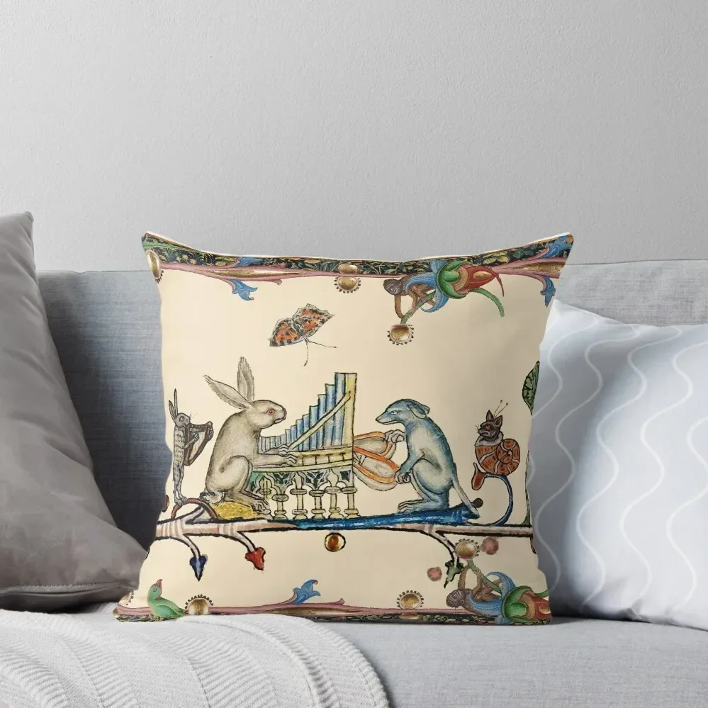 WEIRD MEDIEVAL BESTIARY MAKING MUSIC,White Rabbit And Dog Playing Organ,Harpist Hare,Snail Cat Throw Pillow