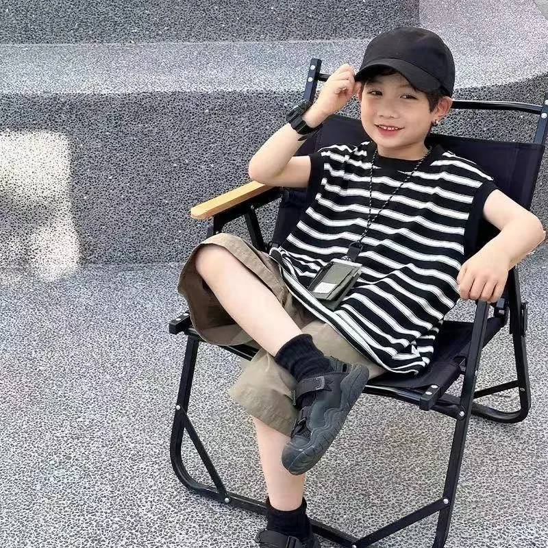 Children's Set Summer Clothing New Boys' Striped Short sleeved T-shirt+Loose Fashion Shorts Two-piece Set