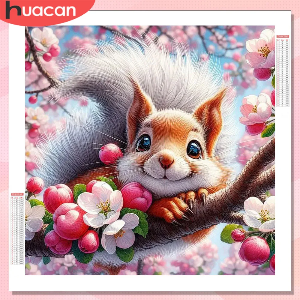 HUACAN 5D Diamantmalerei Eichhörnchen Tier Diamantkunst Blume Harz Quadratische Steine Kunsthandwerk Handgemachte Komplettsets