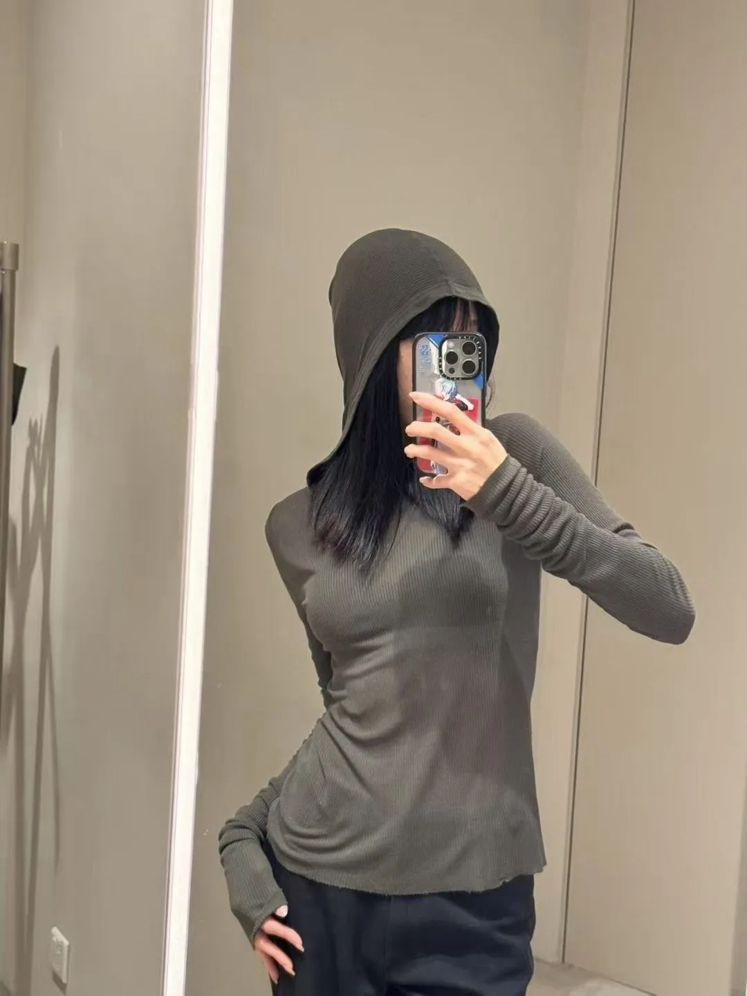 High Street Hooed T-shirt Women's Dark RO Spring New Item Micro Transparent Ribbed Knitted Base Hooded Long Sleeved Tshrts