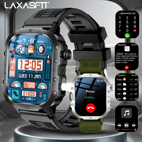 LAXASFIT 2025 nuevo reloj inteligente militar hombres deportes al aire libre rastreador de Fitness monitoreo de salud 2,01 pulgadas llamadas Bluetooth Smartwatch