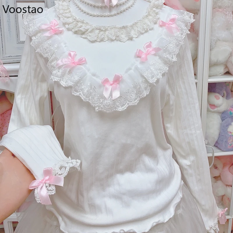 Sweet Lolita Style Sweater Women Casual Cute Bow Lace Ruffles Fairy Knitted Pullovers Korean Female Fashion Kawaii Knitwear Tops