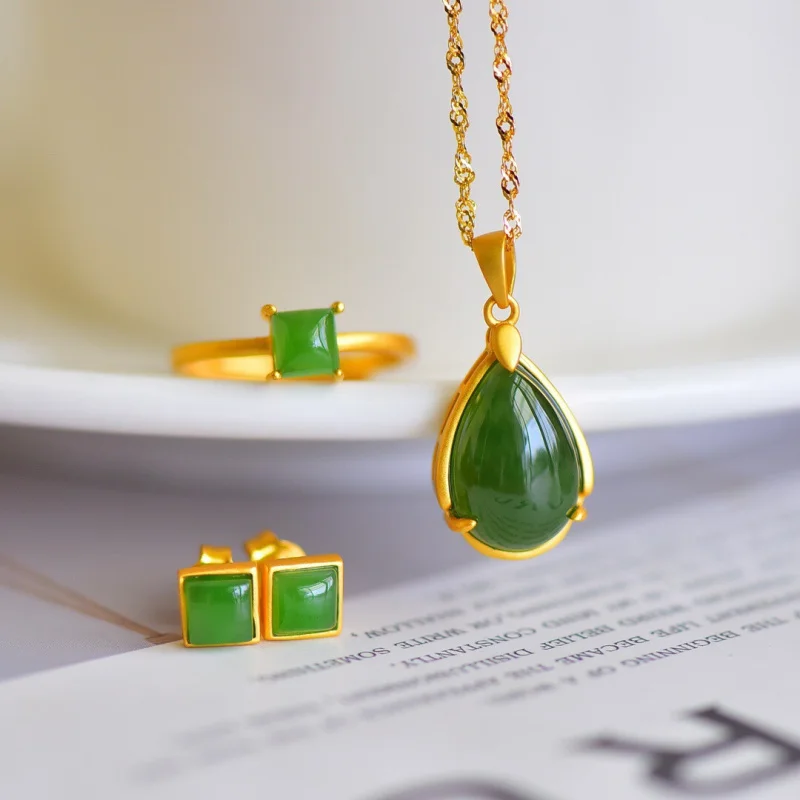 

Hetian Jade Jasper Подвеска-капля Квадратные серьги Кольцо S925 Серебряный женский комплект из трех предметов