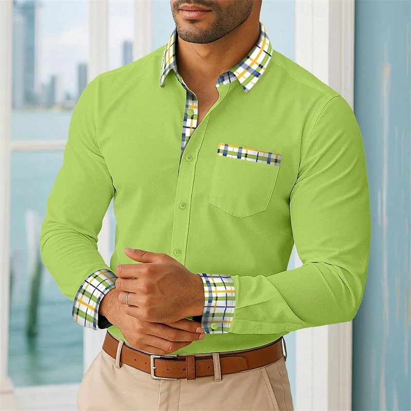Men's Summer Shirts Casual Button Colorblock Vacation Business Shirts White Yellow Navy Green Shirts with Pockets