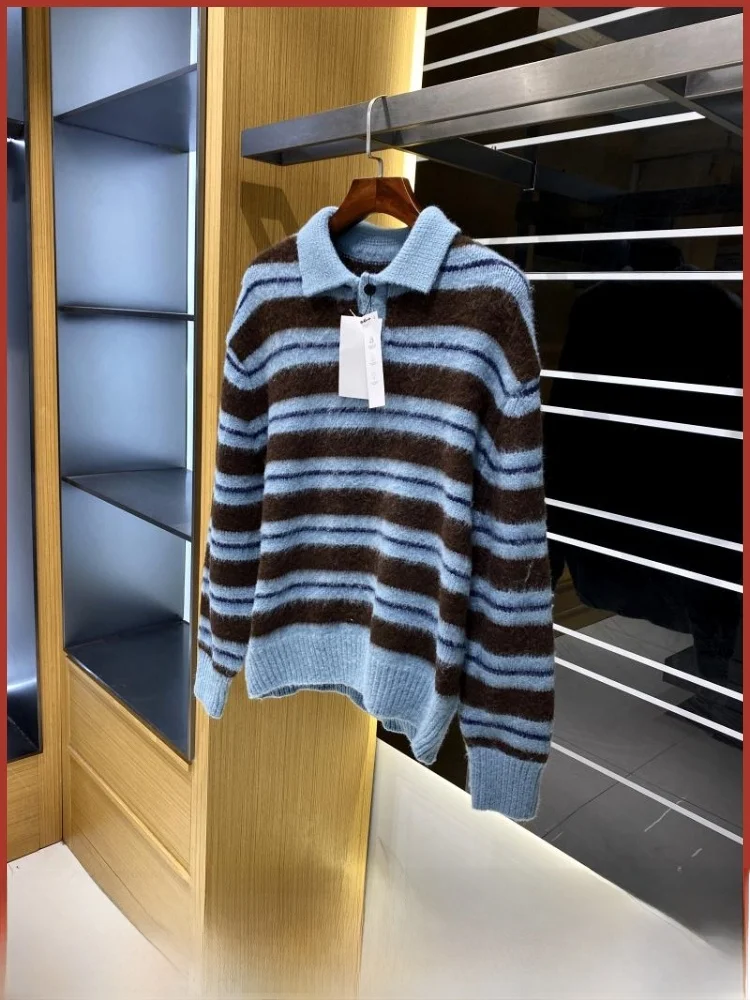 

New Autumn Winter Men's Knitted Fce irt Striped Sweater Faionable Urban Sle Long Sve Youth Dync Pattern