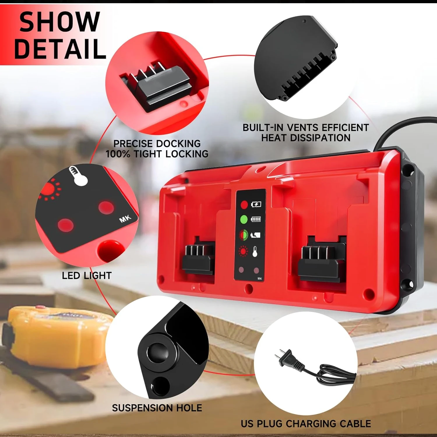 محطة شاحن مزدوجة ببطارية 18 فولت بمنفذين متوافقة مع بطارية ميلووكي M18 18 فولت، مدخل شاحن صغير متعدد الجهد 100-240 فولت #6