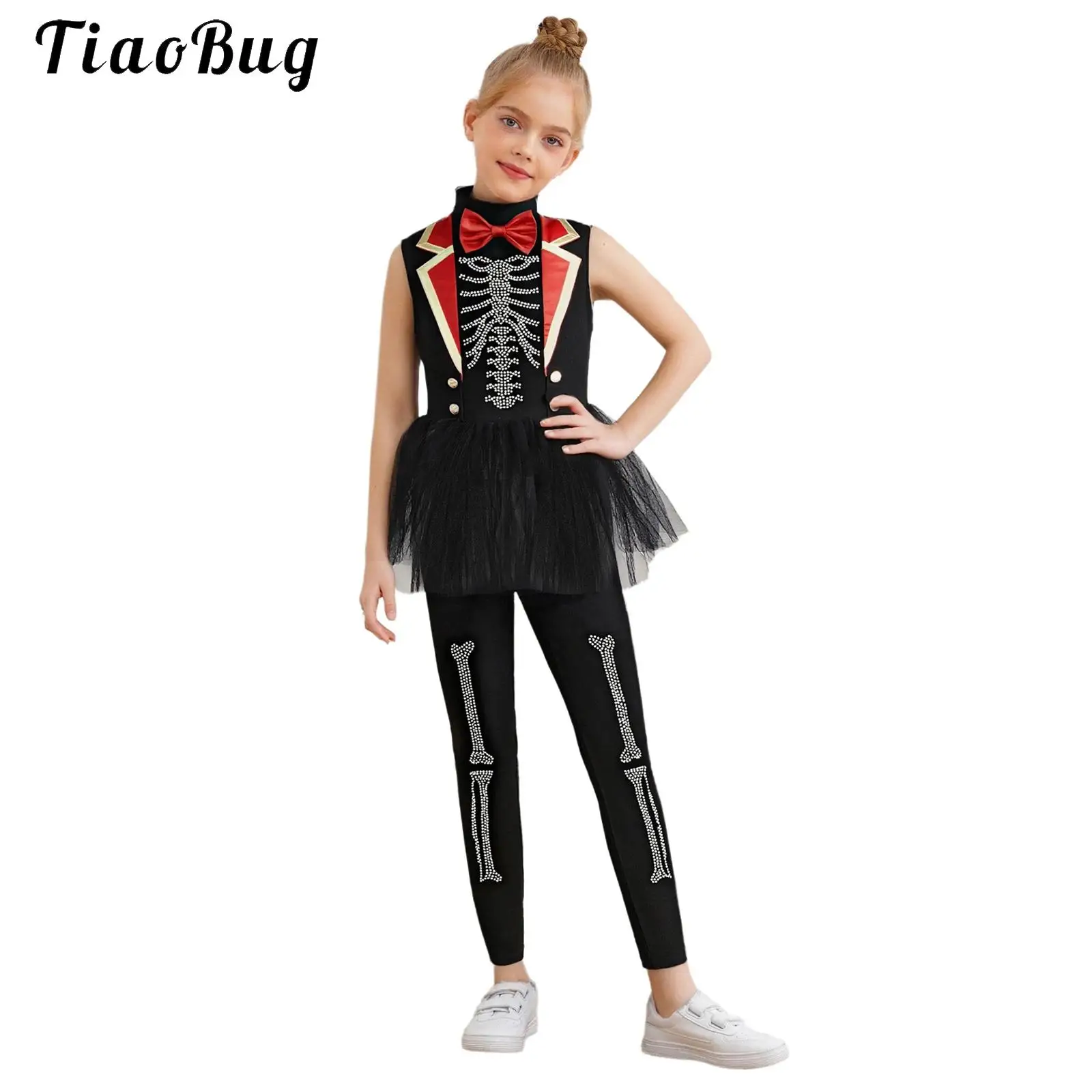 

Girls Halloween Circus Cosplay Costume Rhinestones Skeleton Jumpsuit With Puffy Mesh Skirt Overlay Dance Performance Outfits