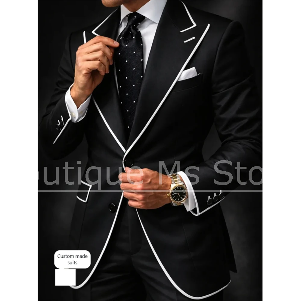 

Men Suit with White Piping 2 Piece Single Breasted Outfit Blazer and Pants Formal Business Casual Wedding Prom Party Tuxedo