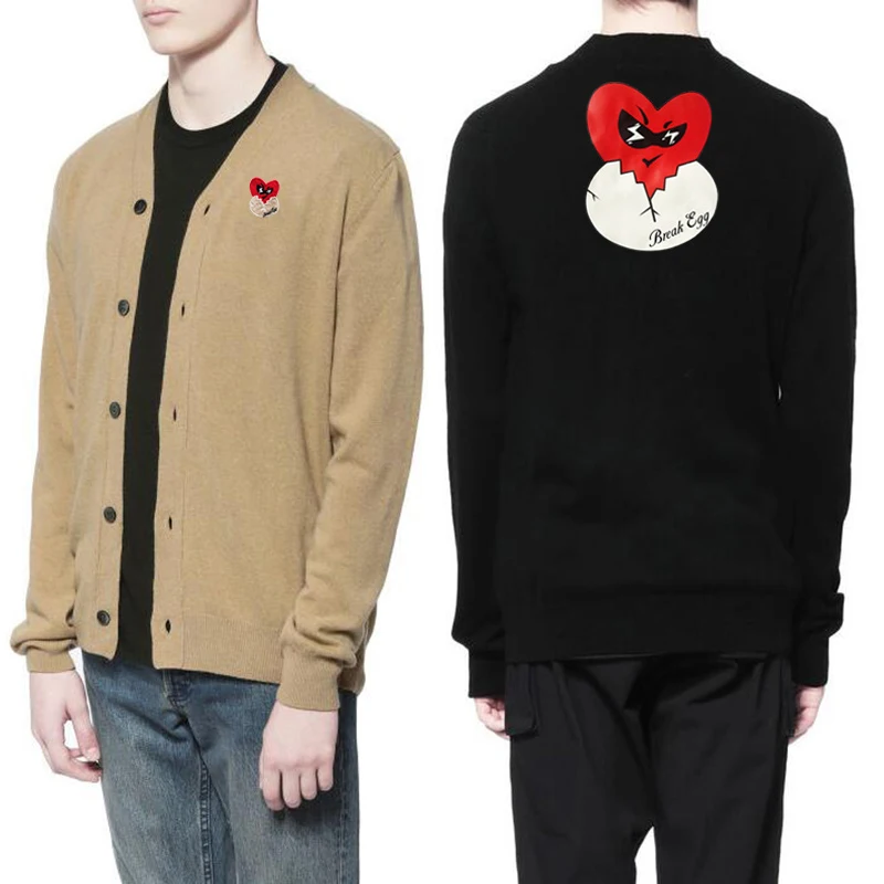 

Break Egg Men V-Neck Cardigan Sweater Heart Cartoon Eggshell Embroidery Print Spring Autumn Single Breasted Long Sleeve Cardigan