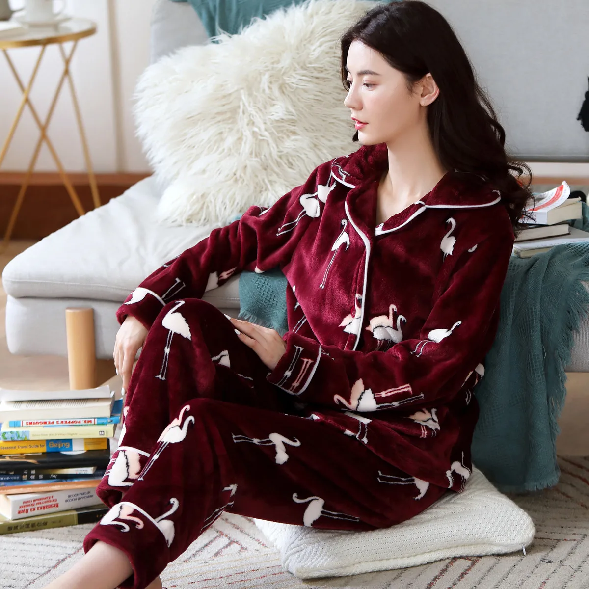 Wholesale Flannel Pajamas Set Autumn Winter 22 Style Thicken Birds Cartoon Women Long Sleeve Sleepwear Female Homewear Pyjama