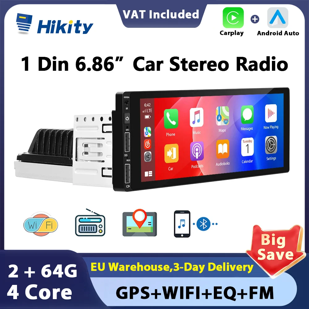 Hikity Android 1Din Car Radio Wireless Wired Carplay Android Auto 6.86'' Car Stereo MP5 Multimedia Player Mirror Link