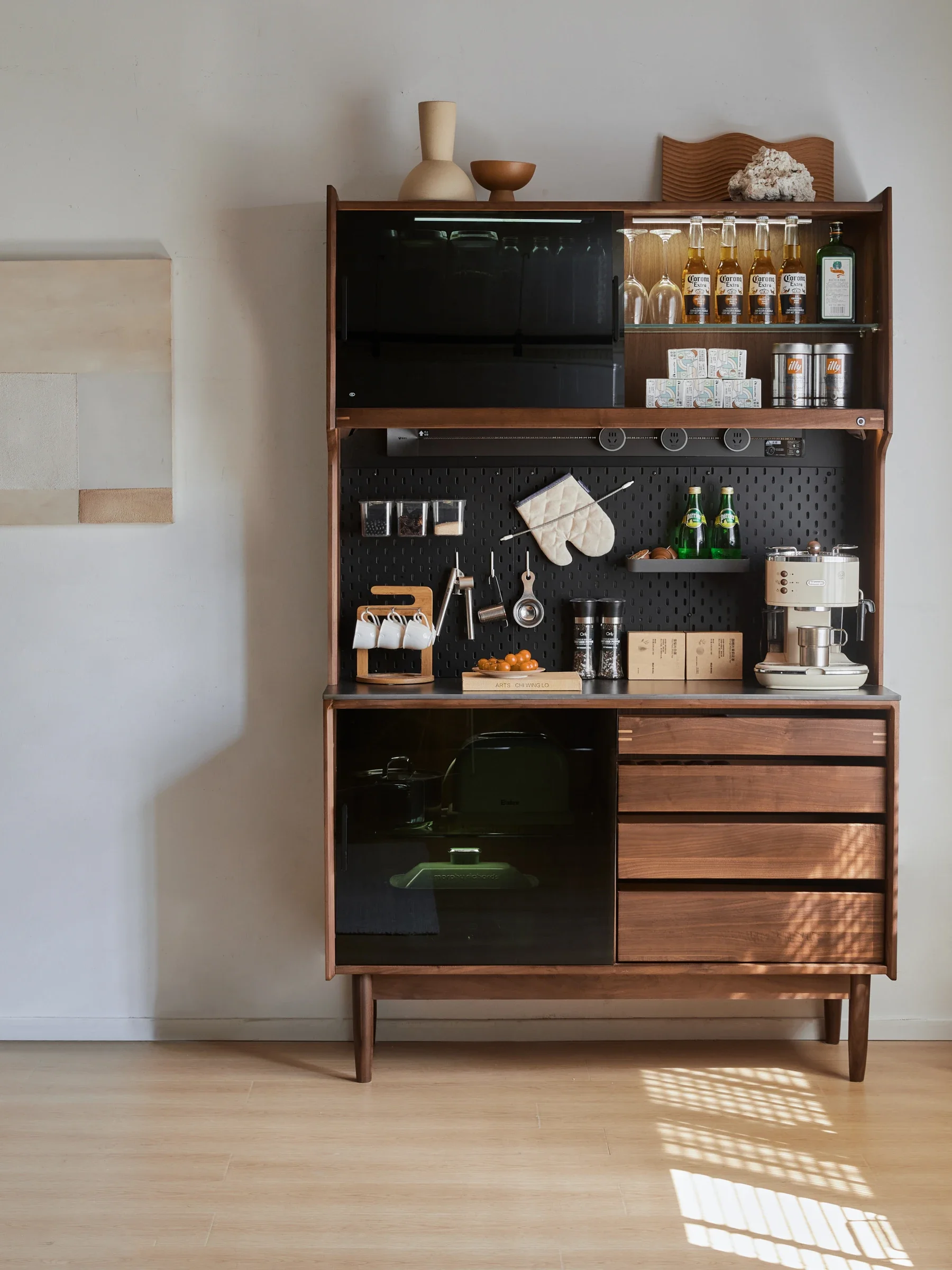 

Wooden Narrow Buffet Sideboard Modern Black Walnut Buffet Table for Dining Room