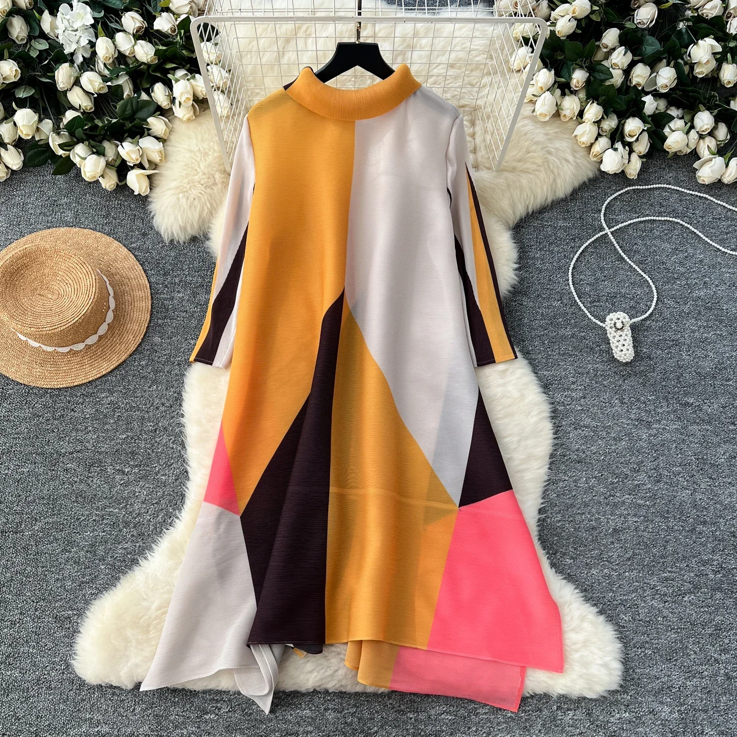 Chic Turn-down Collar Vintage Long Sleeve Elegant Print Single Breasted Loose A-line Dresses Korean High Street Autumn Clothing