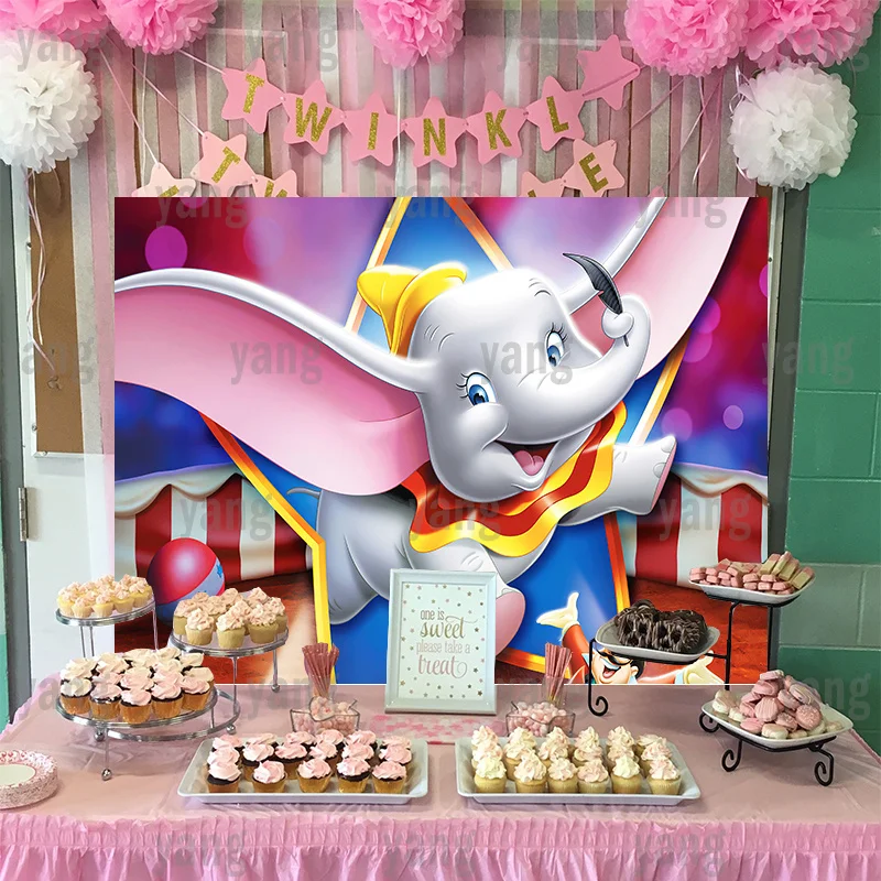 Custom Baby Shower Background Party Decoration Banner Birthday Lovely Disney Dumbo Circus Perform Curl Feather Backdrop Wall