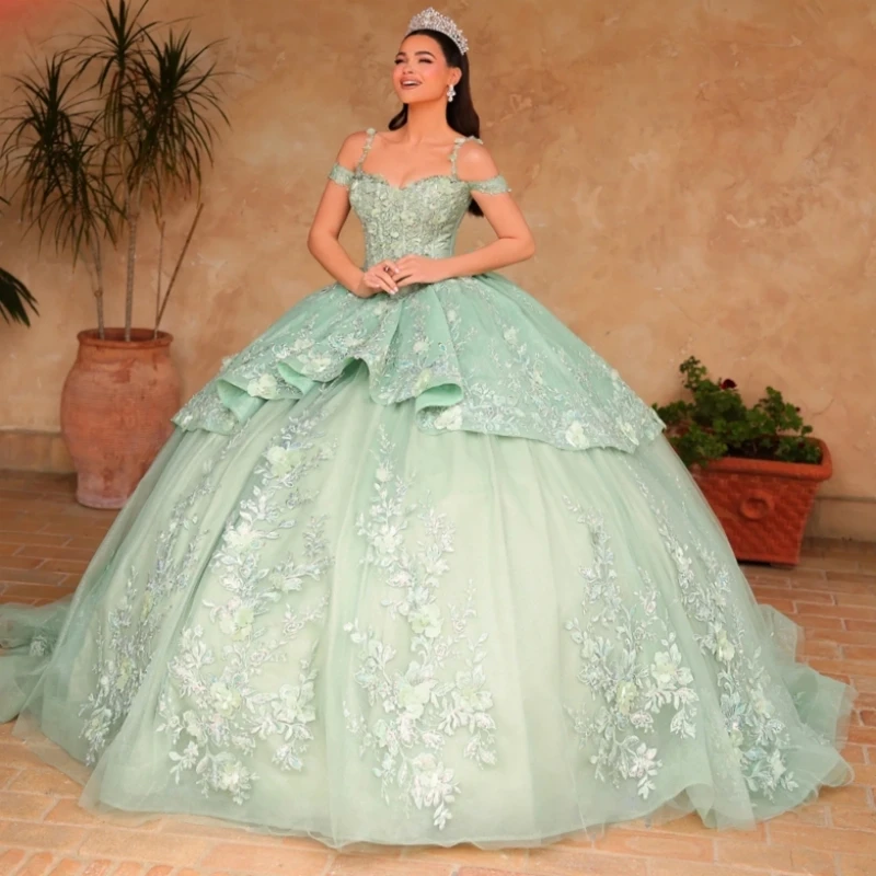

Green Shiny Quinceanera Dresses Ball Gown Off The Shoulder Applique Lace Beads Tull Corset Party Birthday Sweet 16 Dress Vestido