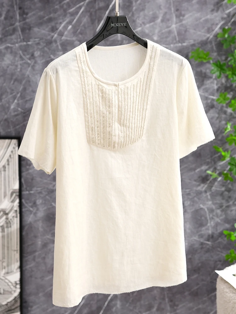 

Женская летняя льняная футболка с коротким рукавом, украшенная стразами, с круглым вырезом, в повседневном стиле, с узором в виде волн, для работы и отдыха