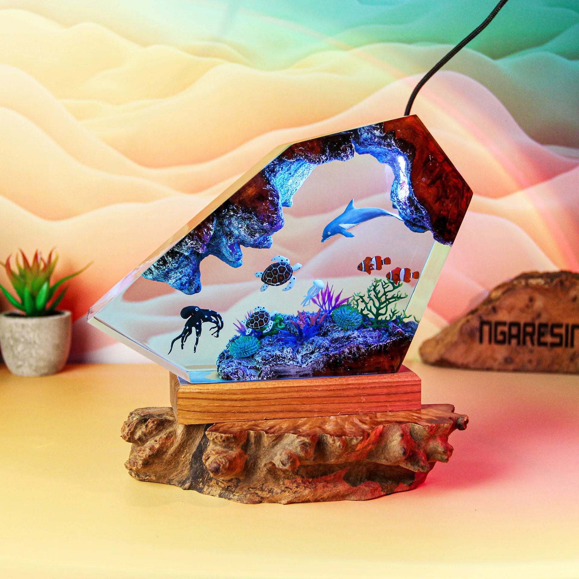Ozean Organismus Harz Lampe Marine Leben Tisch Licht Kreative Kunst Dekoration Lampe Unterwasser Landschaft Nachtlicht USB Ladung